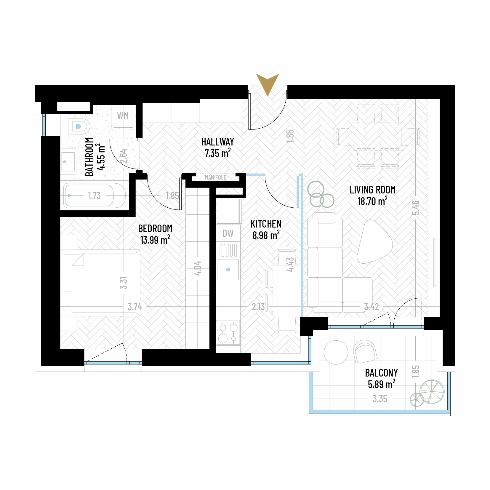 2 Room Apartment Type 13 - B2 - Drumul Taberei Residence - Apartments for Sale in Bucharest - Total Usable Area - 59.46 sqm