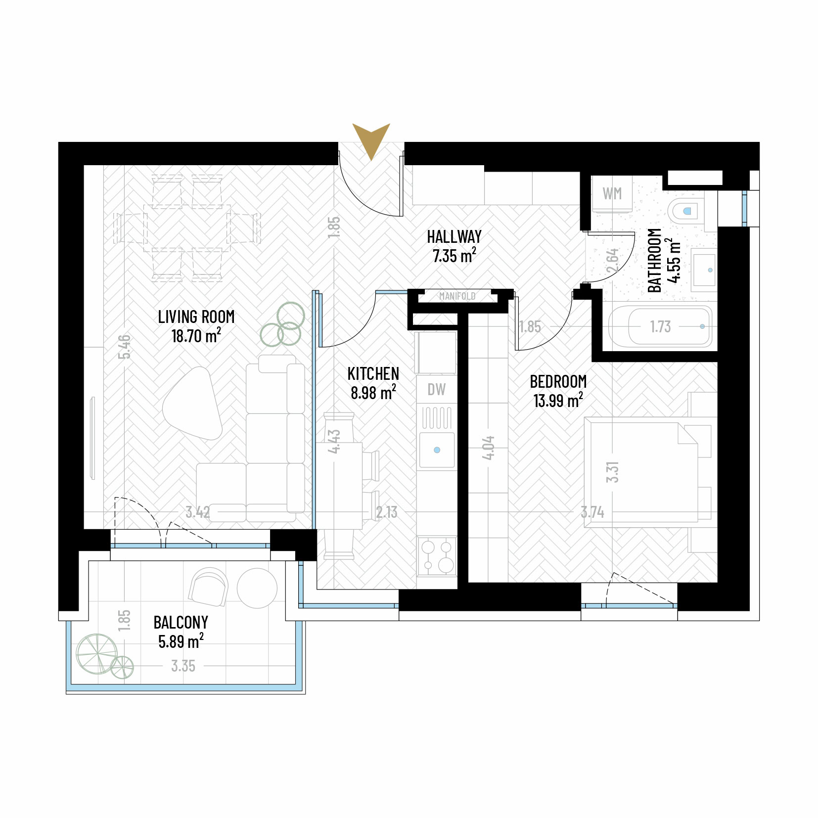 2 Room Apartment Type 16 - B2 - Drumul Taberei Residence - Apartments for Sale in Bucharest - Total Usable Area - 59.46 sqm