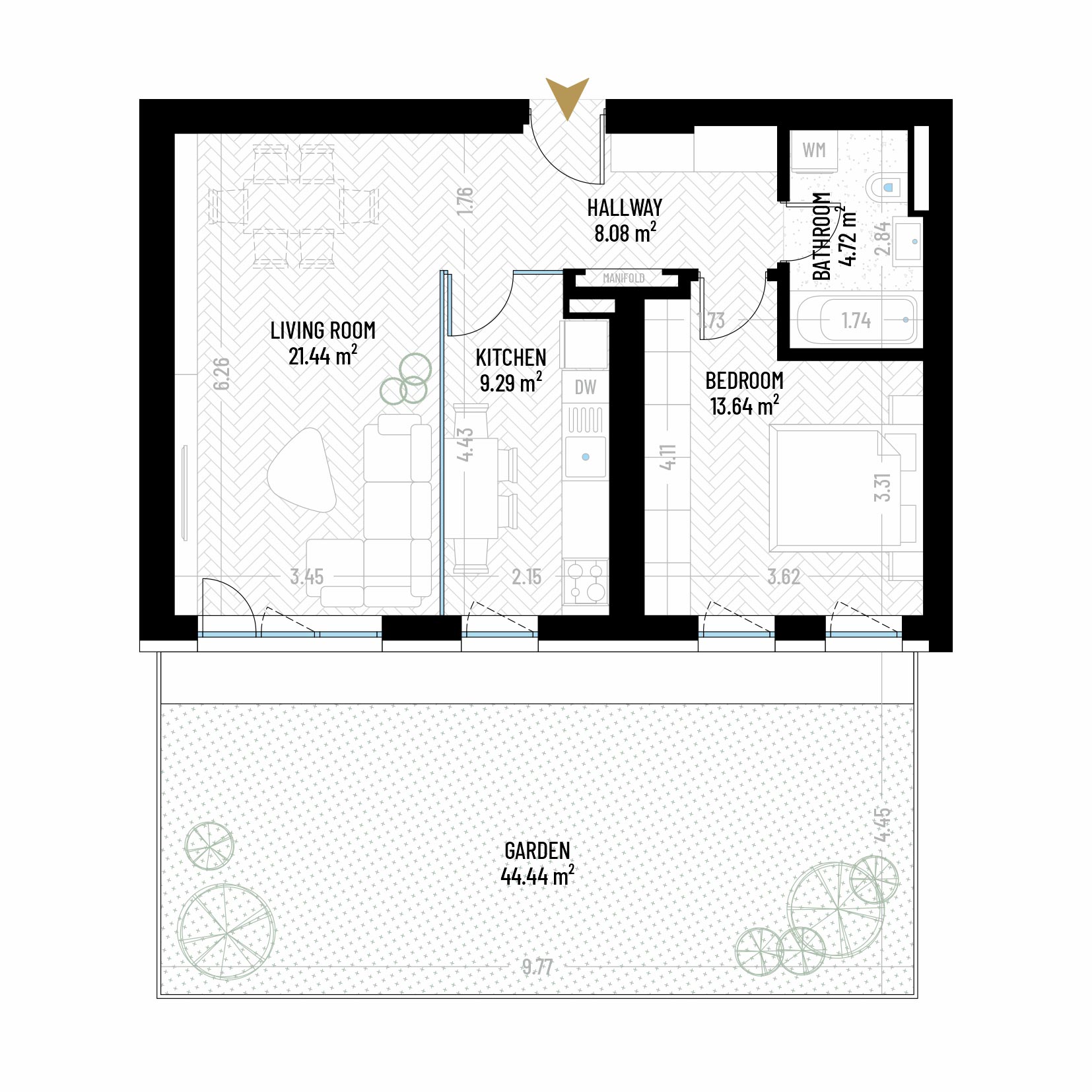 2 Room Apartment Type 2 - B2 - Drumul Taberei Residence - Apartments for Sale in Bucharest - Total Usable Area - 57.17 sqm