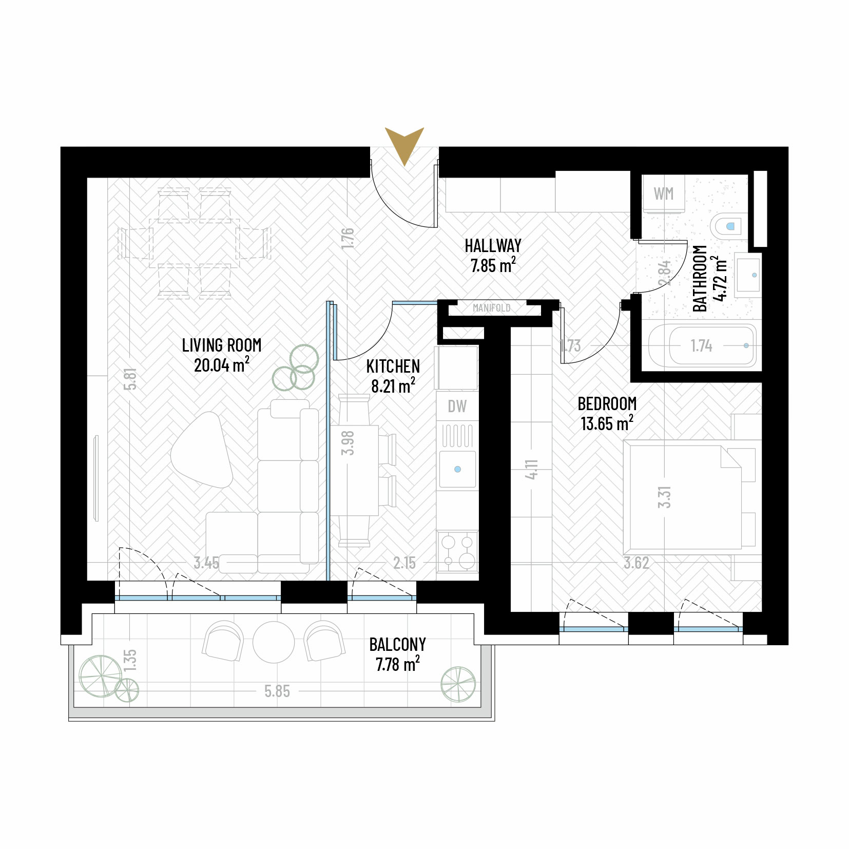 2 Room Apartment Type 6 - B2 - Drumul Taberei Residence - Apartments for Sale in Bucharest - Total Usable Area - 62.25 sqm